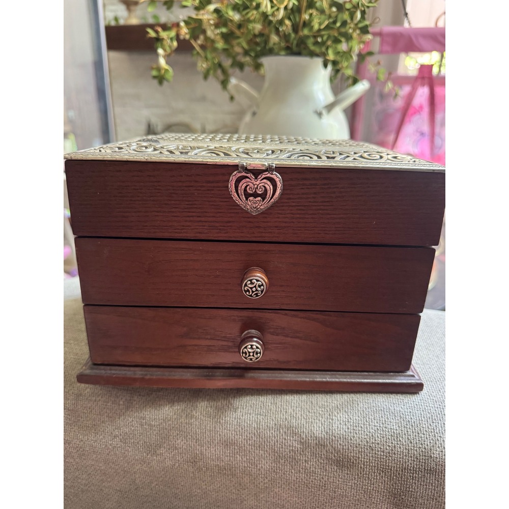 Vintage Brighton Lacie Daisy Wooden Jewelry Box Silver Filigree 2 Drawers Heart